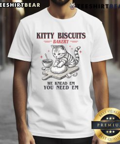 Cute kitty biscuits design on 'We Knead Em You Need Em' cat lover baking T-shirt for feline enthusiasts.