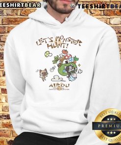 Adorable Airou Monster Hunter hoodie featuring a cute lets monster hunt design, perfect for gaming fans and cozy wear.