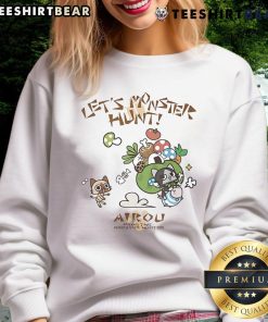 Cute Airou Monster Hunter sweatshirt featuring playful monster designs, perfect for fans of the Monster Hunter series.