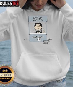 Alt Text: Cute Lucy Van Pelt in a hoodie giving revenge advice for Wednesday, showcasing her playful personality.