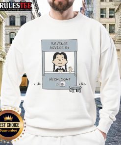 Cute Lucy Van Pelt in 'Revenge Advice Wednesday' sweatshirt, showcasing playful style and iconic Peanuts character charm.