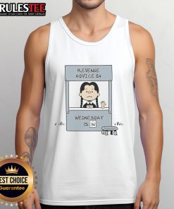 Cute Lucy Van Pelt in a tank top giving revenge advice for Wednesday, showcasing her playful character.