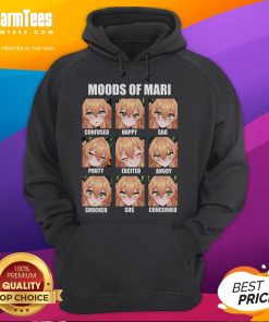Cute moods of Mari in an anime hoodie: confused, happy, sad, pouty, excited, angry, shocked, sus, concerned expressions.