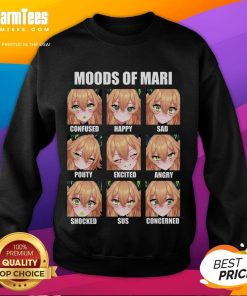 Alt Text: Cute moods of Mari showcase confused, happy, sad, pouty, excited, angry, shocked, and concerned expressions on a sweatshirt.