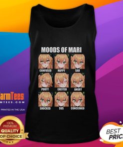Cute moods of Mari in an anime tank top showing confused, happy, sad, pouty, excited, angry, shocked, sus, and concerned expressions.