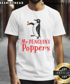 Alt Text: Cute Mr. Penguin's Poppers T-Shirt featuring an adorable penguin design, perfect for casual wear and penguin lovers.