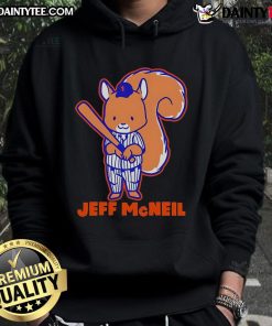 Adorable Jeff McNeil squirrel hoodie featuring New York Mets logo, perfect for fans and cozy wear.