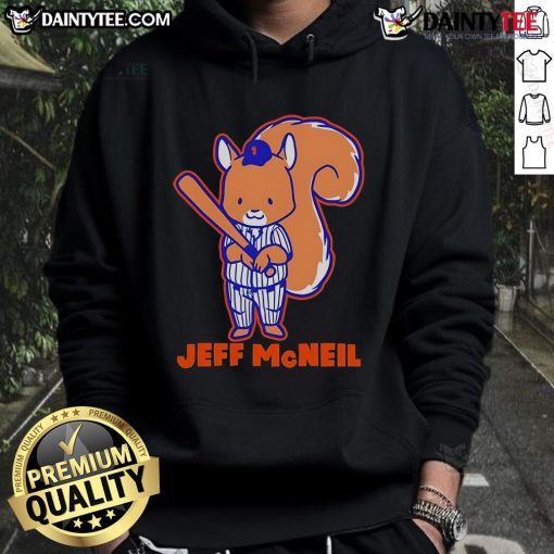 Adorable Jeff McNeil squirrel hoodie featuring New York Mets logo, perfect for fans and cozy wear.