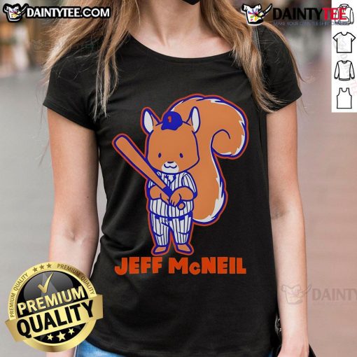 Alt Text: Cute New York Mets Jeff McNeil Squirrel Ladies Tee featuring a playful design for fans and stylish comfort.