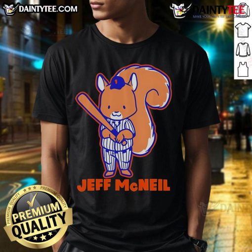 Alt Text: Cute New York Mets Jeff McNeil Squirrel T-Shirt featuring vibrant graphics and a playful design for fans.