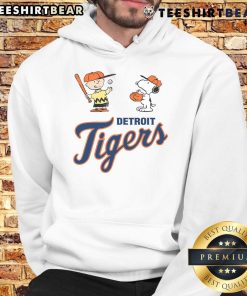 Cute Peanuts Charlie Brown and Snoopy hoodie featuring Detroit Tigers logo, perfect for fans and cozy wear.