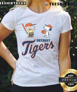 Alt Text: Cute Peanuts Charlie Brown and Snoopy Detroit Tigers ladies tee featuring vibrant graphics and a stylish design.