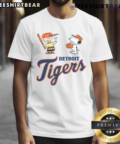 Alt Text: Cute Peanuts Charlie Brown and Snoopy Detroit Tigers T-Shirt featuring vibrant graphics and playful design.