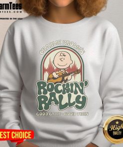 Cute Peanuts Charlie Brown Rockin Rally sweatshirt featuring 'Good Grief Good Vibes' design in vibrant colors.