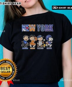 Alt Text: Cute Peanuts graphic tee featuring New York Rangers, Knicks, Yankees, and Giants for ladies. Perfect for sports fans!