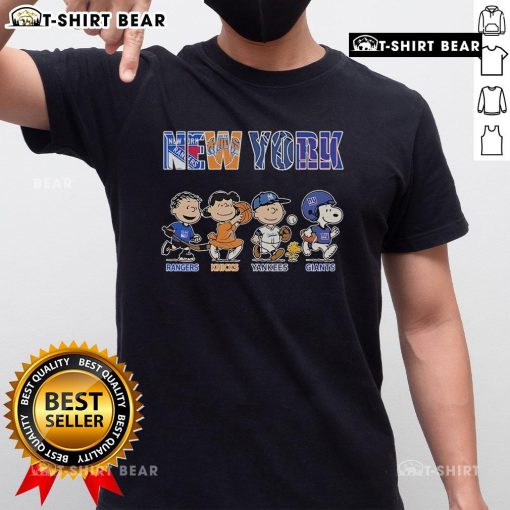 Alt Text: Cute Peanuts New York Rangers Knicks Yankees Giants T-Shirt featuring beloved characters in team colors.