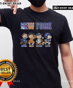 Alt Text: Cute Peanuts New York Rangers Knicks Yankees Giants T-Shirt featuring beloved characters in team colors.