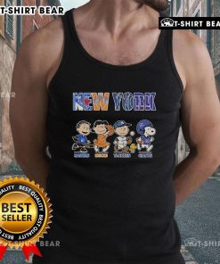 Cute Peanuts tank top featuring New York Rangers, Knicks, Yankees, and Giants logos for sports fans.
