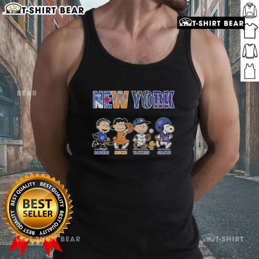 Cute Peanuts tank top featuring New York Rangers, Knicks, Yankees, and Giants logos for sports fans.