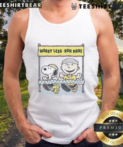 Alt Text: Cute Peanuts Worry Less, Run More tank top featuring playful cartoon characters on a vibrant background.
