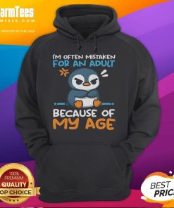 Cute penguin wearing a hoodie, often mistaken for an adult because of my age, showcasing fun and quirky fashion.