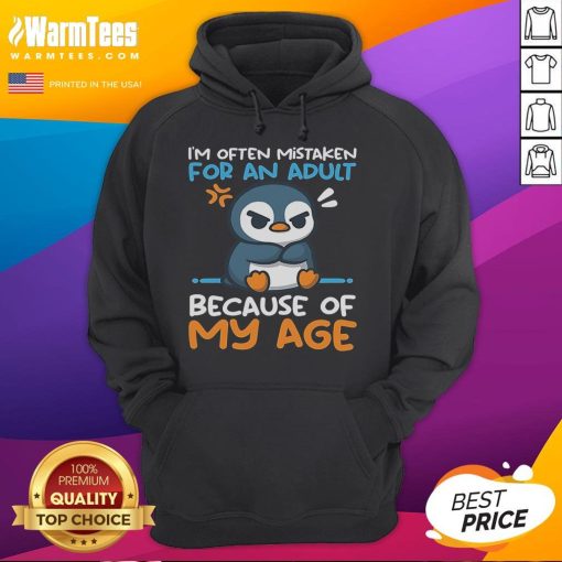 Cute penguin wearing a hoodie, often mistaken for an adult because of my age, showcasing fun and quirky fashion.