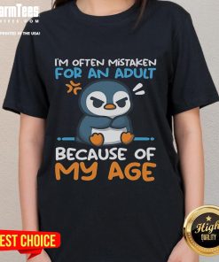 Adorable penguin design on a ladies tee, often mistaken for an adult due to its charming appearance and playful vibe.