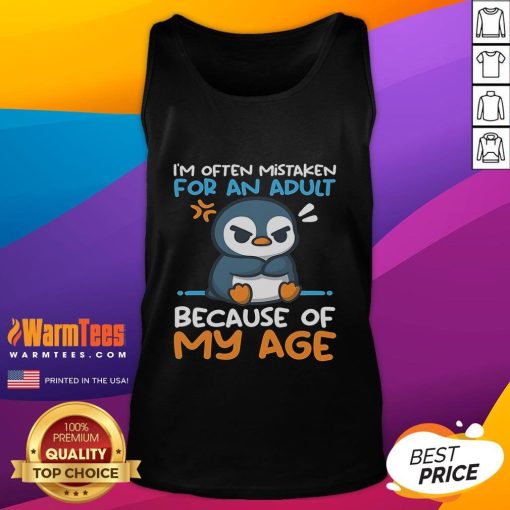 Cute penguin wearing a tank top, often mistaken for an adult because of my age, showcasing playful personality and charm.