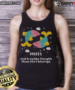 Alt Text: Cute Pisces tank top featuring a whimsical design of a Pisces sign and the phrase Lost in my own thoughts.