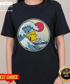 Alt Text: Cute Pokemon Pikachu Thunder Wave graphic on a stylish ladies tee, perfect for Pokemon fans and casual wear.