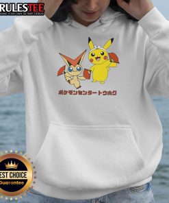 Adorable Pokemon hoodie featuring Victini and Pikachu, perfect for fans seeking cozy, stylish monster apparel.