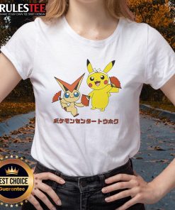 Cute Pokmon Victini and Pikachu graphic on a stylish Monster Ladies Tee, perfect for Pokmon fans.