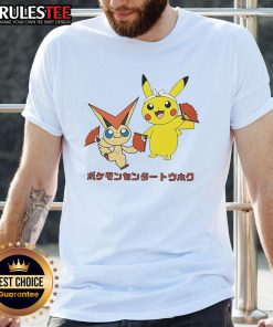 Alt Text: Cute Pokmon Victini and Pikachu monster t-shirt featuring vibrant colors and playful designs for fans of all ages.