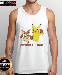 Adorable Victini and Pikachu graphic on a monster tank top, perfect for Pokmon fans and stylish summer wear.