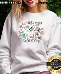 Cute Queers Stand With Palestine sweatshirt featuring colorful LGBTQ+ design and bold supportive message.