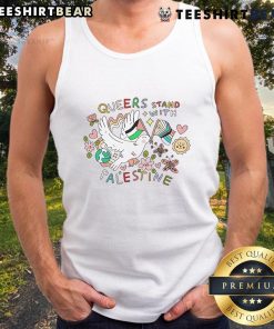 Alt Text: Cute queers stand with Palestine tank top featuring vibrant colors and a bold design promoting LGBTQ+ solidarity.