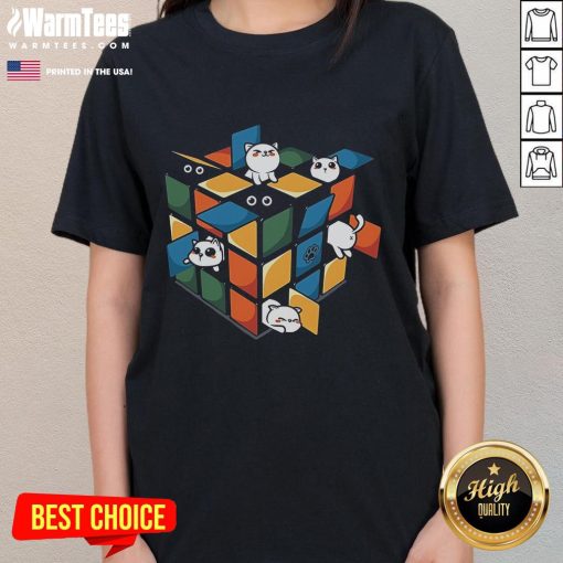 Cute Rubikittens on a Rubik's Cube design for cat lovers, featured on a trendy ladies' tee.