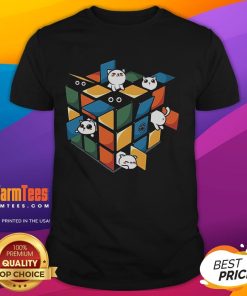 Adorable Rubikittens cat graphic on a colorful Rubik's Cube T-shirt, perfect for cat lovers and puzzle enthusiasts.