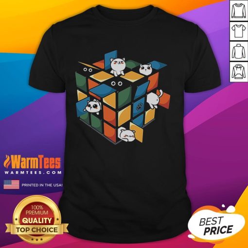 Adorable Rubikittens cat graphic on a colorful Rubik's Cube T-shirt, perfect for cat lovers and puzzle enthusiasts.