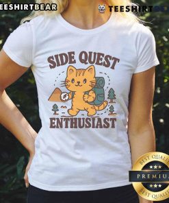 Cute Side Quest Enthusiast Cat Ladies Tee featuring playful cat graphics and vibrant colors, perfect for cat lovers.
