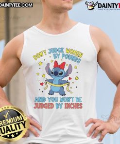 Cute tank top featuring the phrase Don't Judge Women By Pounds And You Won't Be Judged By Inches in stylish font.