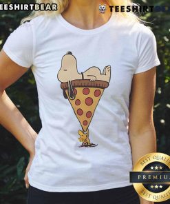 Alt Text: Cute Snoopy and Woodstock cartoon on a ladies tee enjoying a giant slice of pizza, perfect for Peanuts fans.