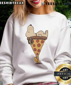 Alt Text: Cute Snoopy and Woodstock enjoying a giant slice of pizza on a cozy sweatshirt perfect for Peanuts fans!