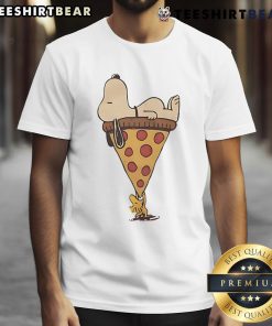 Alt Text: Cute Snoopy and Woodstock graphic on a T-shirt, enjoying a giant slice of pizza in vibrant colors.