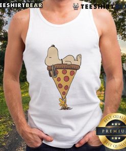 Alt Text: Cute Snoopy and Woodstock enjoying a giant slice of pizza on a trendy tank top design.