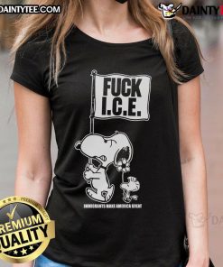 Cute Snoopy and Woodstock graphic on a flag tee, featuring 'Fck Ice' and 'Immigrants Make America Great' slogan.