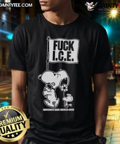 Alt Text: Cute Snoopy and Woodstock graphic on a t-shirt with 'Fck Ice' and 'Make America Great' slogan for immigrants.