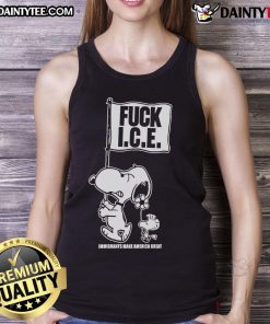 Cute Snoopy and Woodstock on a tank top with 'F*ck Ice, Immigrants Make America Great' slogan, perfect for summer.