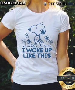 Cute Snoopy I Woke Up Like This ladies tee featuring a playful Snoopy graphic on a stylish t-shirt for women.