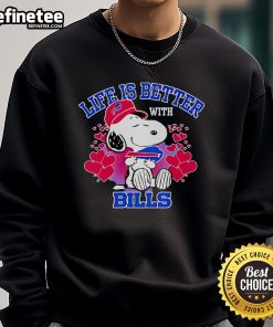 Alt Text: Cute Snoopy Life Is Better With Bills sweatshirt featuring a colorful graphic of Snoopy and playful text.
